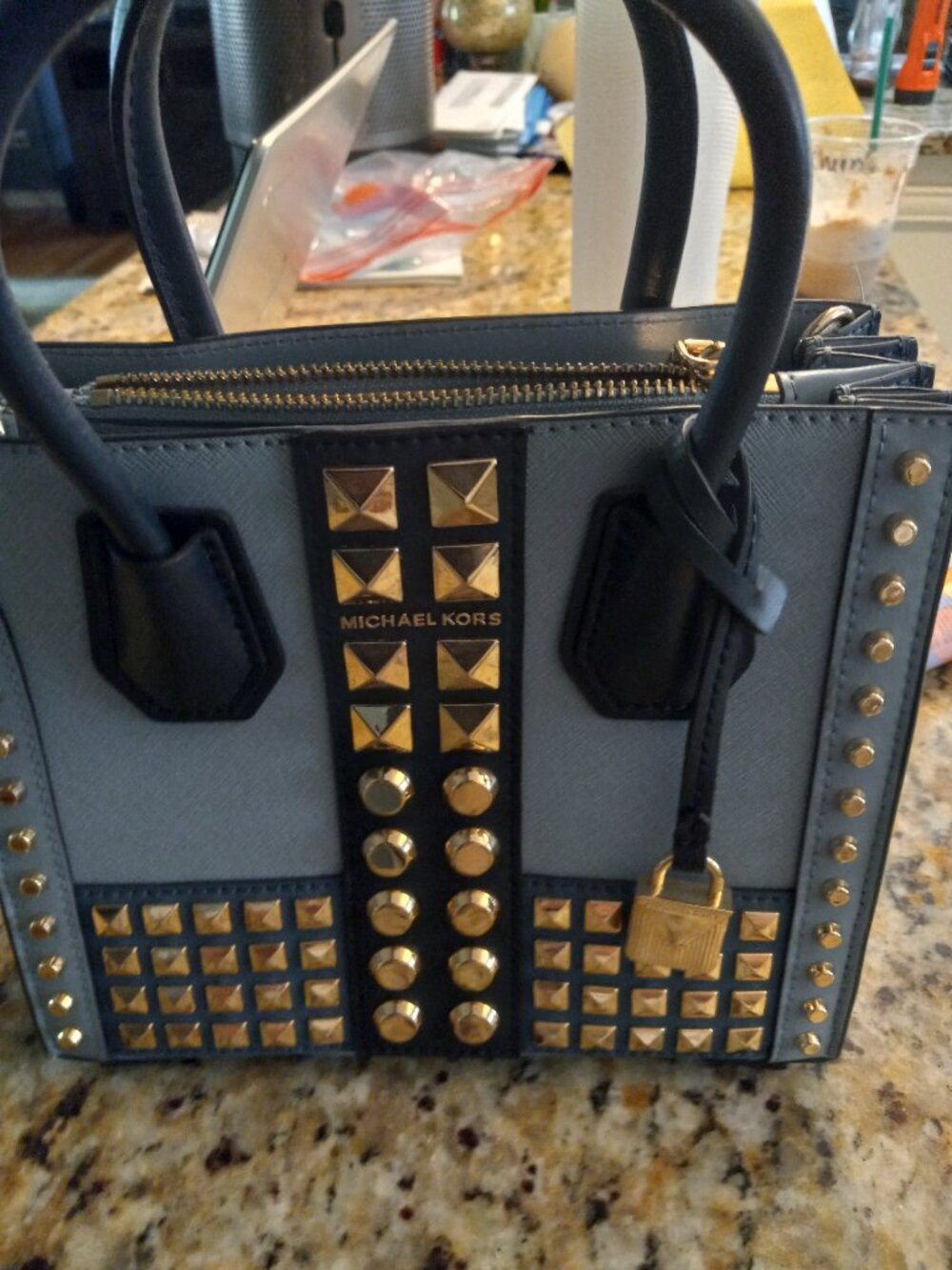 Michael Kors Studded Saffiano Leather Satchel – Blue/Navy with Gold Hardware - Picture 6 of 6